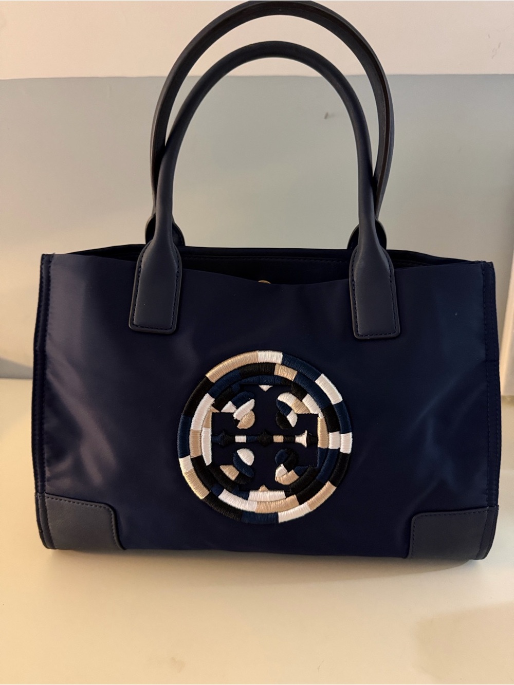 Tory Burch Navy Nylon Tote with Multicolor Embroidered Logo